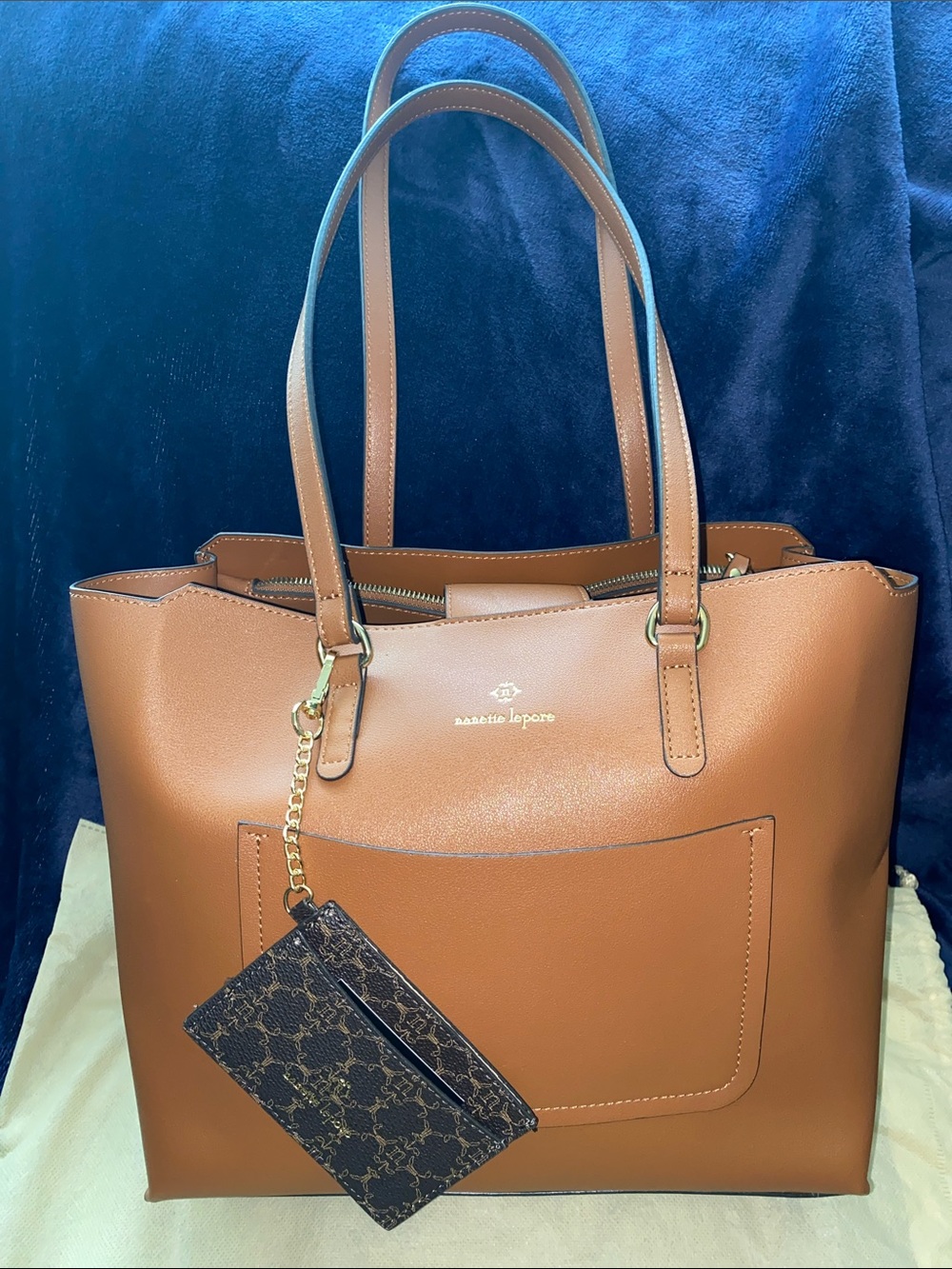 Nanette Lepore Cognac Tote with Gold Chain Pouch